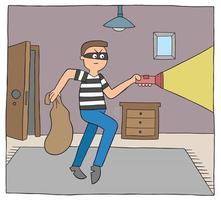 Hombre ladrón de dibujos animados en la casa por la noche y camina con una ilustración de vector de linterna
