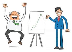 Cartoon Worker Man Shows the Boss the Sales Chart and the Boss is Very Happy That the Sales Are High Vector Illustration