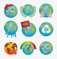 nueve iconos de calentamiento global vector