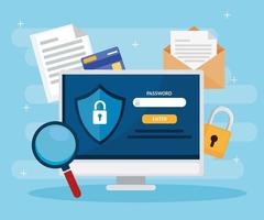 computadora con lupe y escudo vector