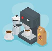 coffee machine and bag with cups drinks icons vector