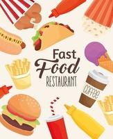 fast food lettering with set icons pattern vector