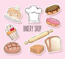 bakery shop lettering with nine set icons vector