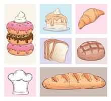 bundle of seven bakery shop set icons vector