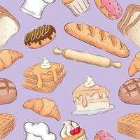 panadería, tienda, iconos, patrón, plano de fondo vector