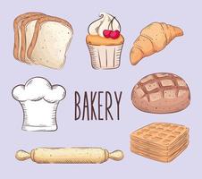 bakery shop lettering with seven set icons vector