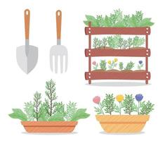 bundle of houseplants in shelving with tools vector