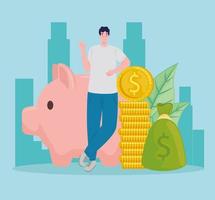 man saver with piggy savings and money economy vector