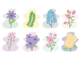 paquete de ocho flores y hojas iconos de la temporada de primavera vector