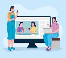 group of four girls connecting online education vector