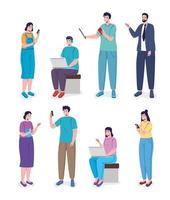 group of seven persons and teacher online education vector
