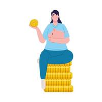 saver female lifting piggy savings seated in coins vector