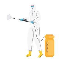 worker wearing bio safety suit disinfecting with sprayer machine vector