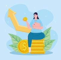 ahorrador femenino levantando alcancía ahorros sentados en monedas con flecha de estadísticas vector