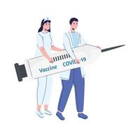 doctors couple lifting syringe with covid19 vaccine medical icon vector