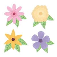 bundle of four flowers and leafs icons vector