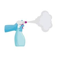 hand wearing glove with disinfectant spray bottle vector