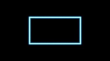 La forma del rectángulo del marco de la caja de la bombilla incandescente azul parpadea sobre fondo negro. animación con fondo alfa transparente para un uso fácil en su video