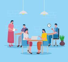 group of five workers coworking in the office characters vector