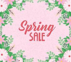 spring sale lettering with pink flowers frame vector