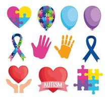paquete de once iconos del día mundial del autismo vector