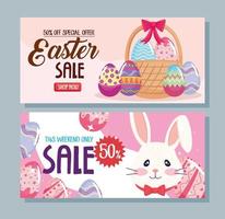 happy easter season sale poster with rabbit and eggs painted vector