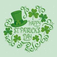 happy saint patricks day lettering with clovers and leprechaun tophat vector
