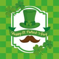 happy saint patricks day lettering in ribbon with mustache and leprechaun tophat vector