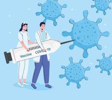 doctors couple lifting syringe with covid19 vaccine and particles vector