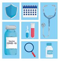 bundle of seven covid19 vaccine set icons vector