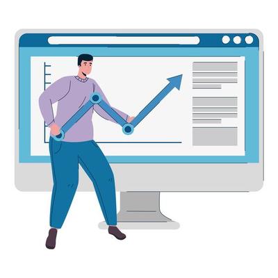 desktop computer with man lifting statistics arrow