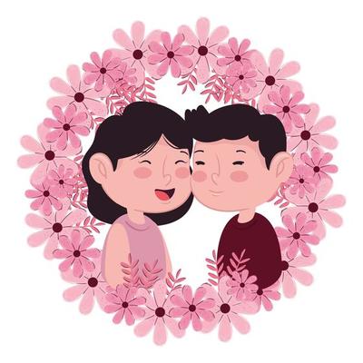 lovers couple in circular floral frame