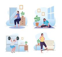 People doing exercise at home icon set vector design