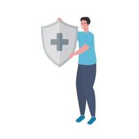 man lifting shield with medical cross immune system vector