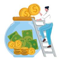 woman in stairs with jar with money vector