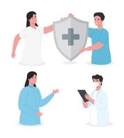 medical staff group of four workers with immune system shield and checklist vector