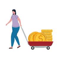 mujer, con, monedas, dinero, dólares, en, carro vector