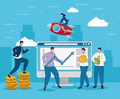 desktop with man lifting statistics arrow and business people vector