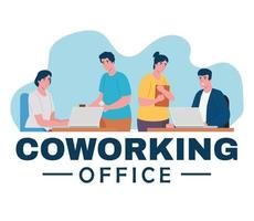 grupo de cuatro trabajadores personajes de oficina de coworking vector