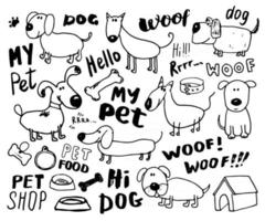 perros divertidos doodle conjunto. Dibujado a mano ilustración de vector de colección de mascotas bosquejado