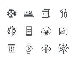 development, configuration service, engineering, settings line icons set on white vector