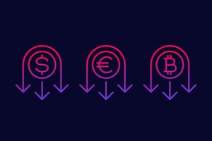 reduce costs line icon with dollar, euro and bitcoin vector