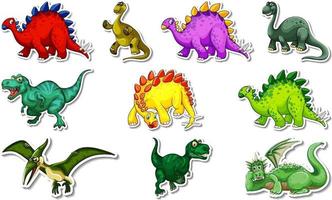 Sticker set with different types of dinosaurs cartoon characters vector