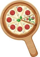 Toda una pizza con cobertura de pepperoni sobre placa de madera aislada vector