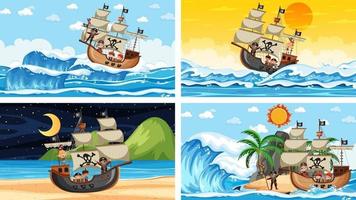 Set of different beach scenes with pirate ship vector