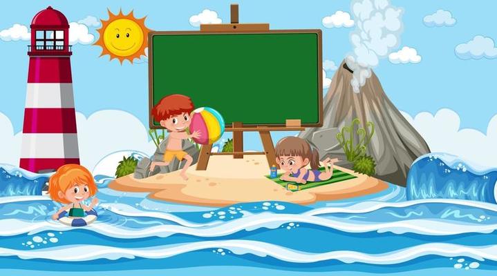 Empty banner template with kids on vacation at the beach daytime scene