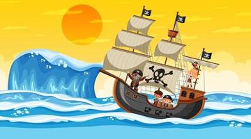 océano con barco pirata en la escena del atardecer en estilo de dibujos animados vector