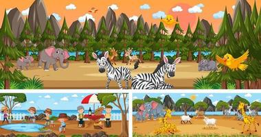 Set of different outdoor panoramic landscape scenes with cartoon character vector