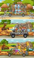 Set of different safari horizontal scenes with animals and kids cartoon character vector