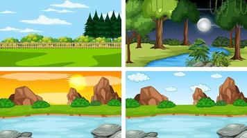 cuatro escenas diferentes de parque natural y bosque. vector